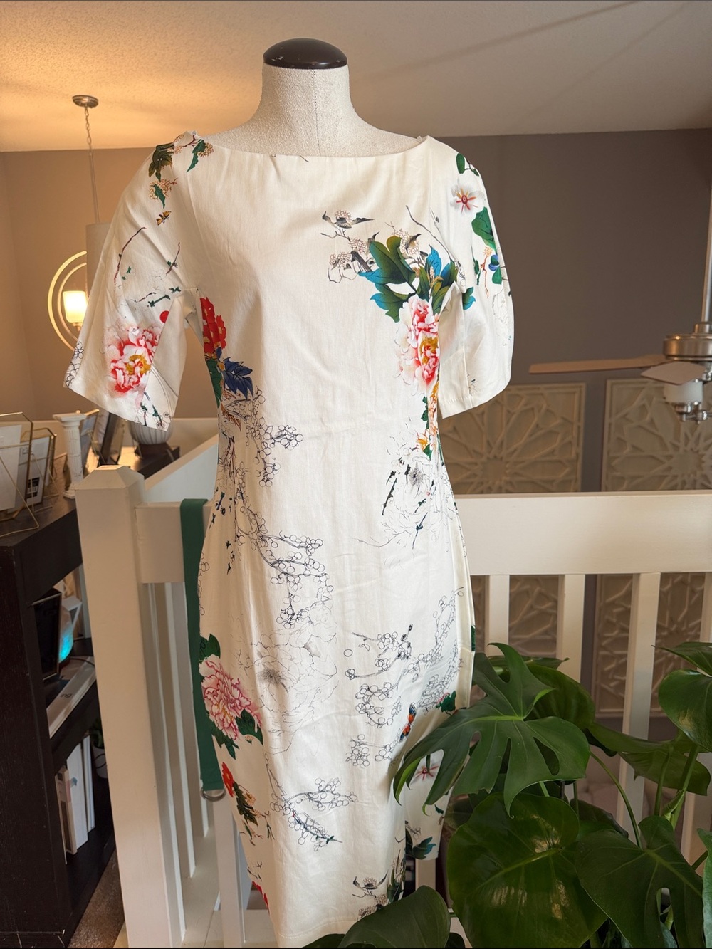 Floral Ivory Vintage Midi Dress with Botanical Print